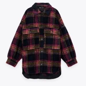 ZARA wool blend shacket black pink plaid M/L